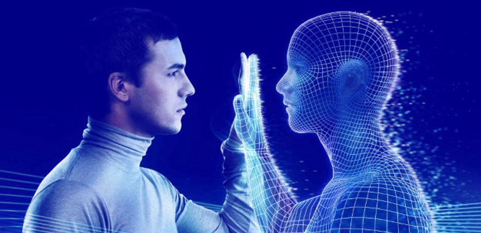 Montagem com homem de perfil tocando com sua palma da mão uma imagem computadorizada representativa de um ser humano.